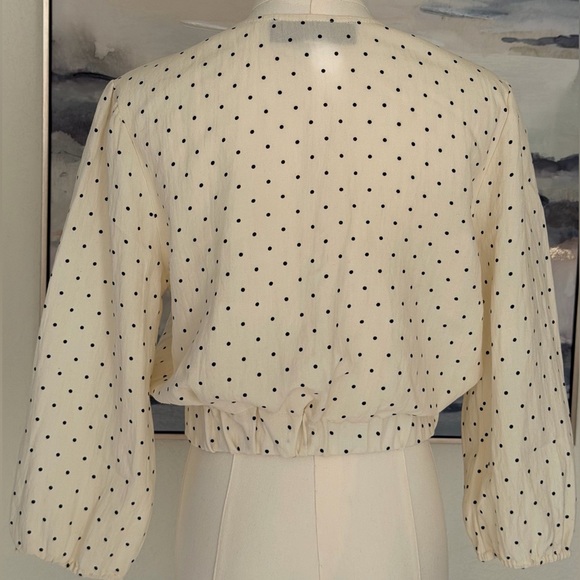 Francesca’s Collection Blue Rain Ivory & Black Polka Dot Wrap Blouse - Picture 6 of 16